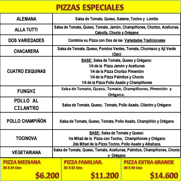 PIZZAS ESPECIALES PIZZAS ESPECIALES